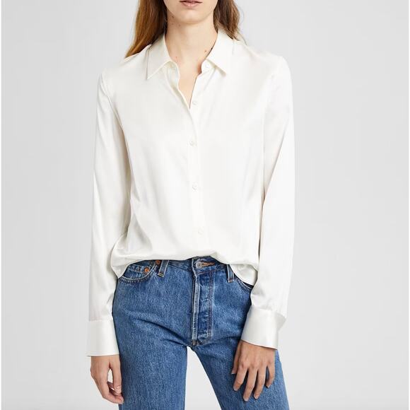 THEORY Ivory S Perfect Fitted Top Stretch Silk Long Sleeve Button Up Collar NEW - Picture 1 of 12